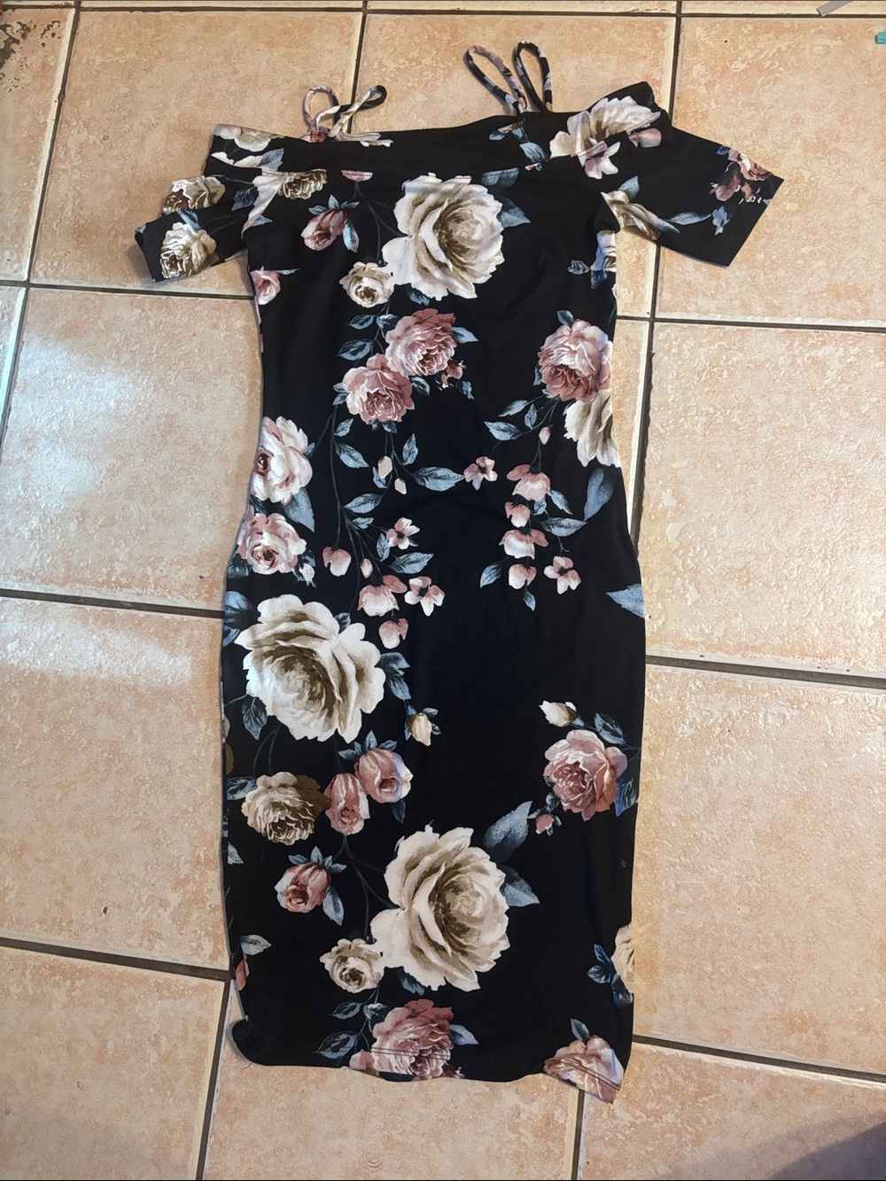 Fashion Nova Black Floral Off-Shoulder Midi Dress with Blush & Cream Roses
